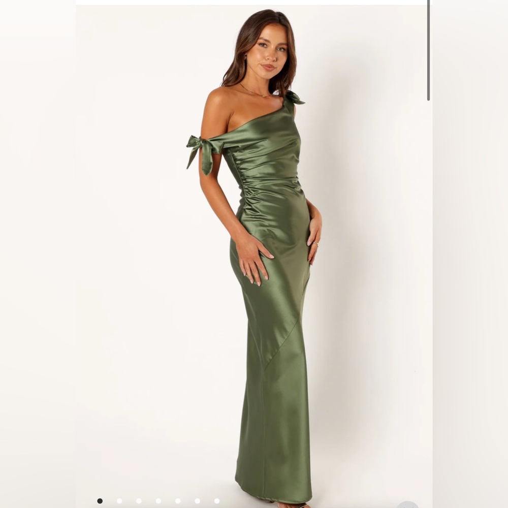 Petal & Pup Selma One Shoulder Satin Maxi Dress in Olive